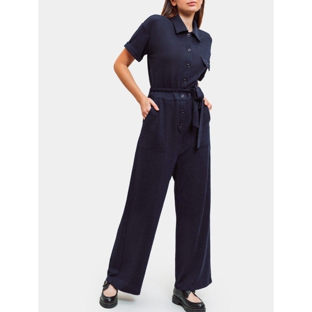 FRNCH Paris Blue Wide Leg Jumpsuit Crop Belt Short Sleeve Giselle Ribbed Medium